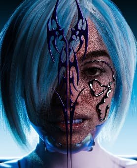 3D render: portrait with icy blue hair and a black ornamental mask