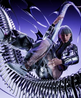 3D render: figure in a chrome jacket on a giant chrome serpent