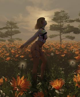 3D render: figure standing in a field of orange flowers at dusk