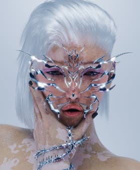 3D render: silver-haired face with a liquid chrome mask