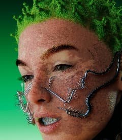 3D render: green-haired face with chrome veins