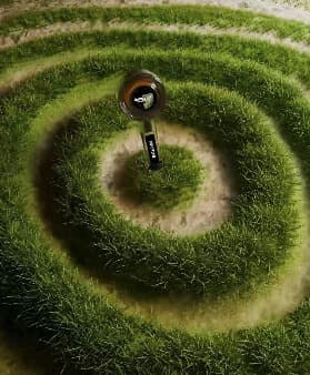 3D render: grass spiral with a small object at its center