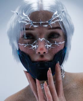 3D render: face with a chrome thorn crown and a black jaw mask